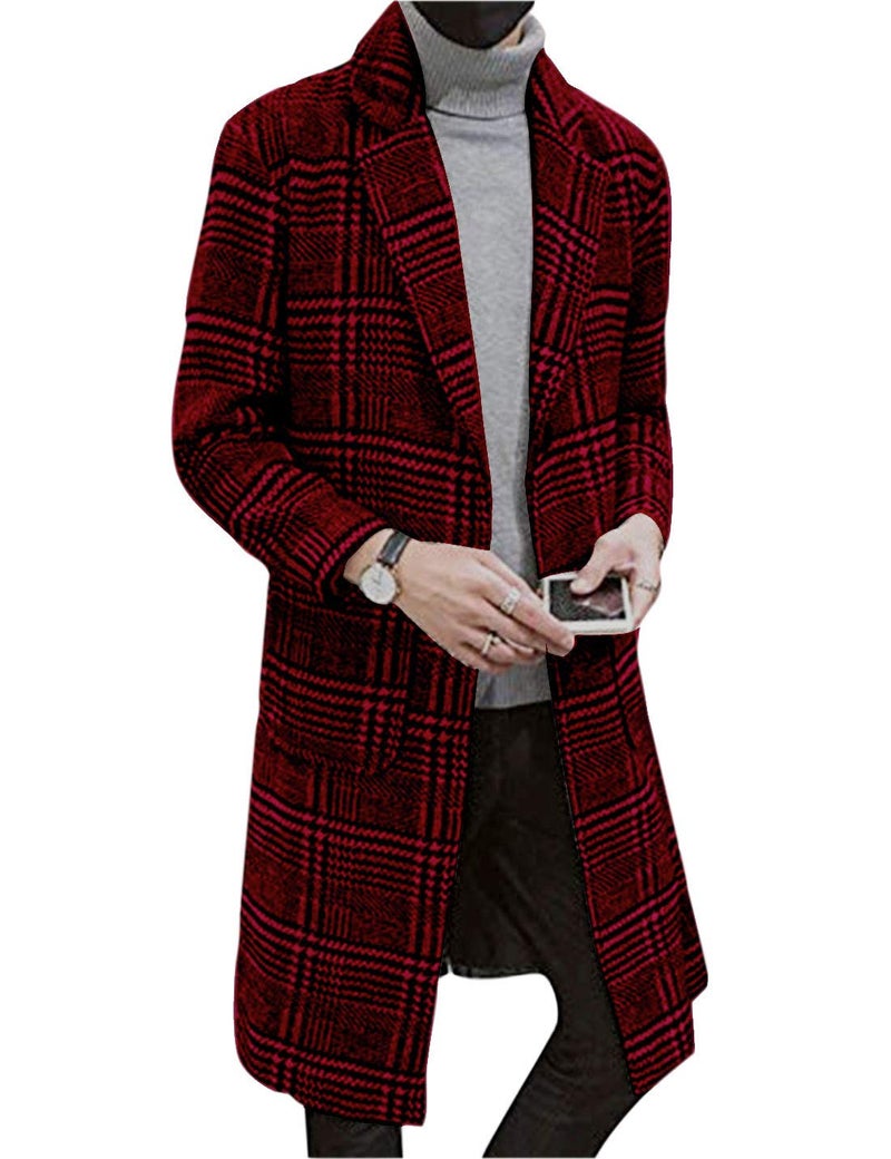 UANEO Mens Trench Coat Single Breasted Plaid Mid Long Peacoat Pea Coats (Wine Red, L) - Image 1